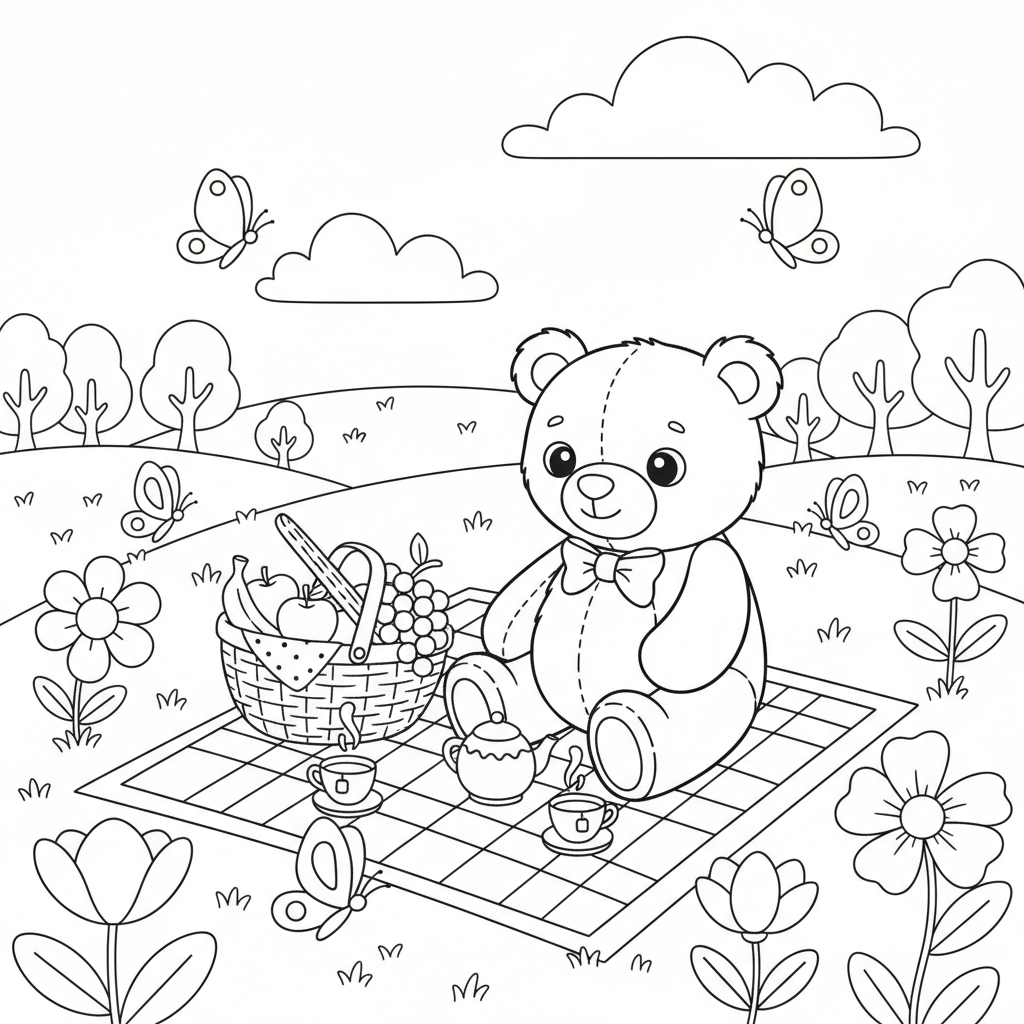 Create a cute children's coloring book page featuring an adorable teddy bear having a picnic in a meadow. The bear is sitting on a picnic blanket beside a basket of fruit and a small teapot. Add flowers, butterflies, trees, and fluffy clouds in the background. Use a kawaii storybook illustration style with smooth, thick black outlines, simple shapes, and large open spaces for easy coloring. Black and white line art only, white background, no shading, no gradients, no colors, no text, no logo, no