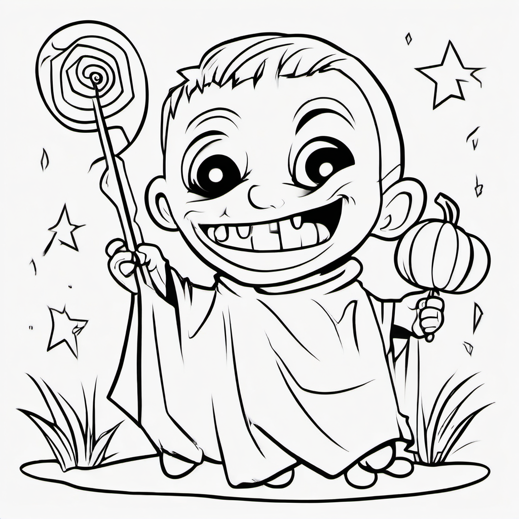 Cute baby Frankenstein monster holding a candy apple, with a smiling ghost besid