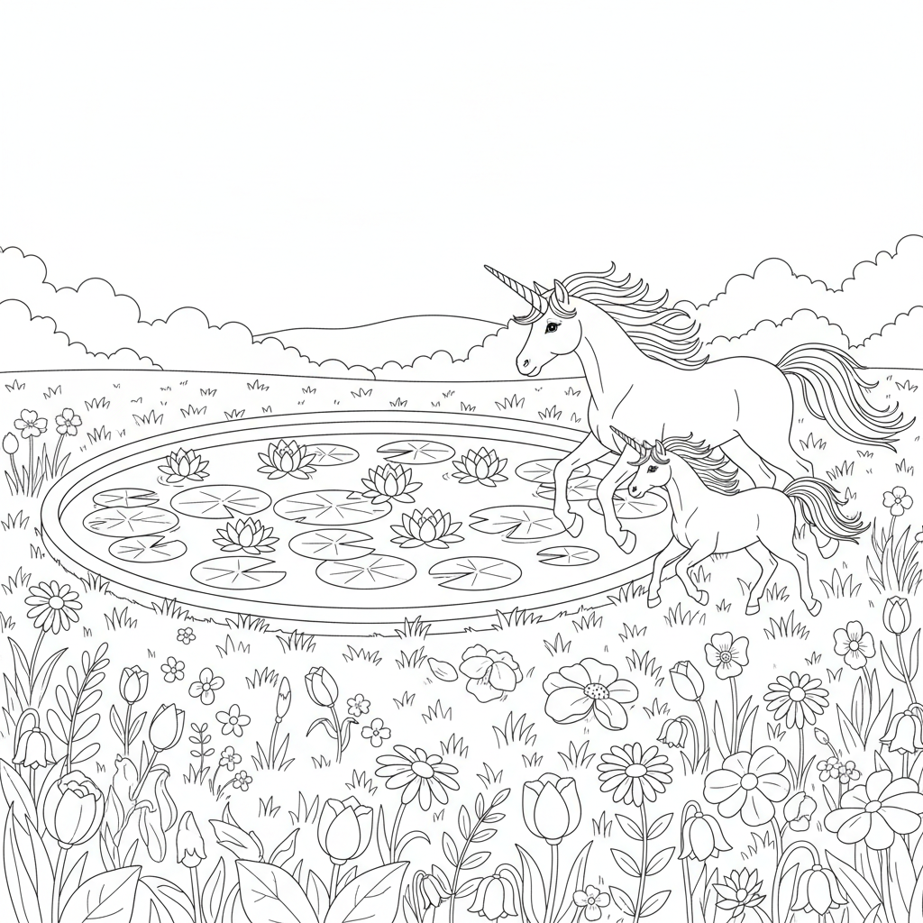 einen Teich mit Seerosen, ringsherum wiese auf dem ein Einhorn trabt mit einem Baby Einhorn, die Einhörner sollen nicht IM Teich sondern drum herum sein. auf der wiese wachsen schöne Blumen