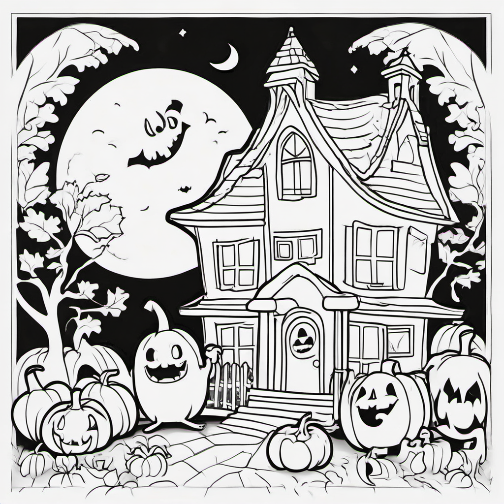 Cute little haunted house with a smiling moon, friendly ghosts, and pumpkins in 