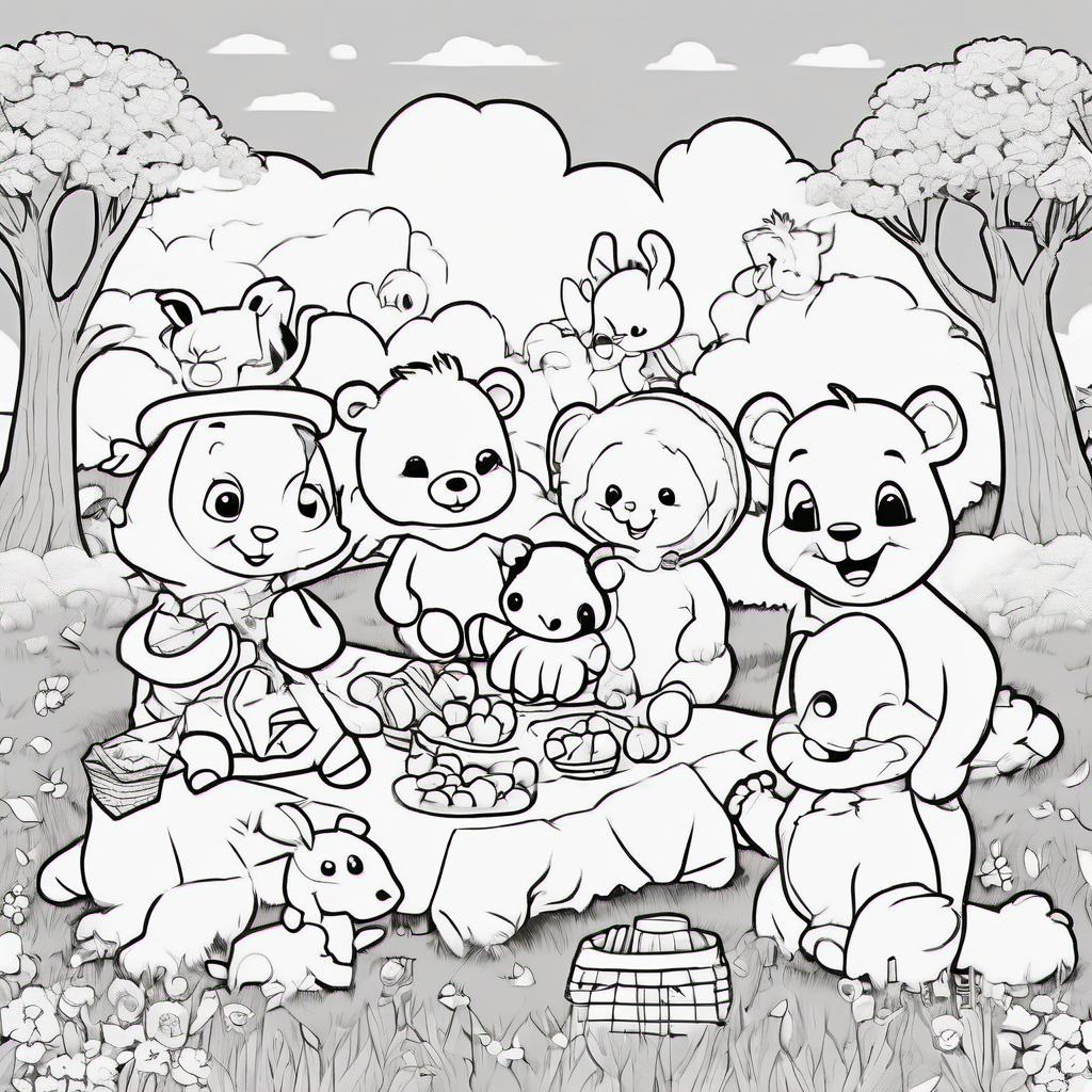 Cute group of baby animals having a cheerful picnic in a simple meadow, baby panda, bunny, fox, and lamb sitting together around a small picnic blanket, friendly smiling faces, a few simple flowers, trees and clouds, black-and-white children's coloring page, bold clean outlines, large open spaces, no shading, simple background, adorable cartoon style, suitable for kids ages 4–8.