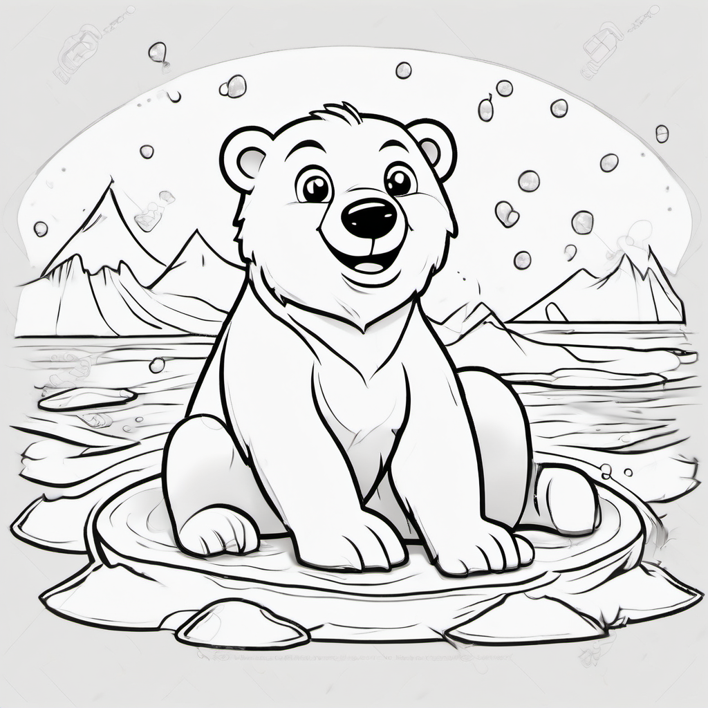 Cute baby polar bear sitting happily on a simple ice floe, fluffy round body, small rounded ears, big friendly eyes, cheerful smile, tiny paws, a few simple snowflakes and small waves around the ice, black-and-white children's coloring page, bold clean outlines, large open spaces, no shading, simple background, adorable cartoon style, suitable for kids ages 4–8.