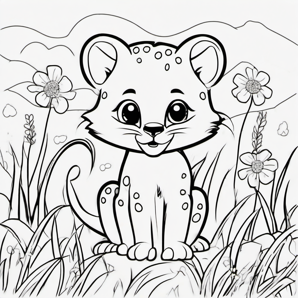 Cute baby cheetah sitting happily in a simple grassy savanna, round face, big friendly eyes, small rounded ears, cheerful smile, large simple spots, a few grass tufts and tiny flowers around its paws, black-and-white children's coloring page, bold clean outlines, large open spaces, no shading, simple background, adorable cartoon style, suitable for kids ages 4–8.