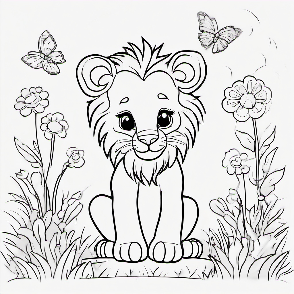 Black and white coloring book page for kids: a cute baby lion sitting in a garden, smiling face, fluffy mane with simple outlines, tiny flowers and butterflies around it. Clean bold outlines, thick smooth black lines, no shading, no gray, no filled black areas, plain white background, simple shapes, large open spaces easy to color, cute friendly cartoon style, centered composition, no text, high resolution, 3:4 vertical.