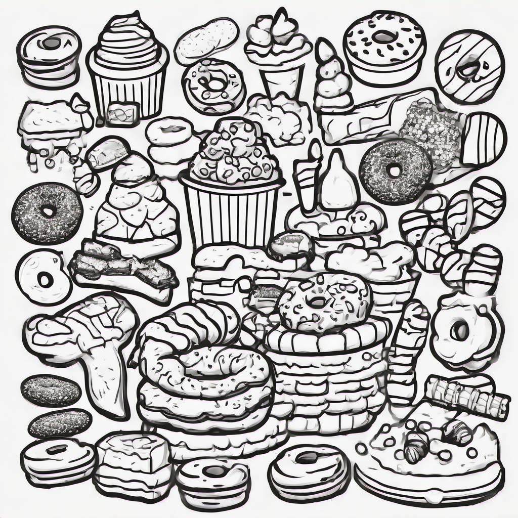 Create an A4 black-and-white printable I Spy coloring page for children. Draw one enormous teddy bear silhouette filled completely with hundreds of extremely tiny, separate food items. Include tiny apples, bananas, strawberries, grapes, cherries, oranges, watermelons, pears, blueberries, carrots, sandwiches, burgers, pizza slices, cookies, crackers, cupcakes, doughnuts, candy, popcorn, pretzels, fries, cheese, eggs, ice cream and other foods and snacks. Make every object miniature, with many rep
