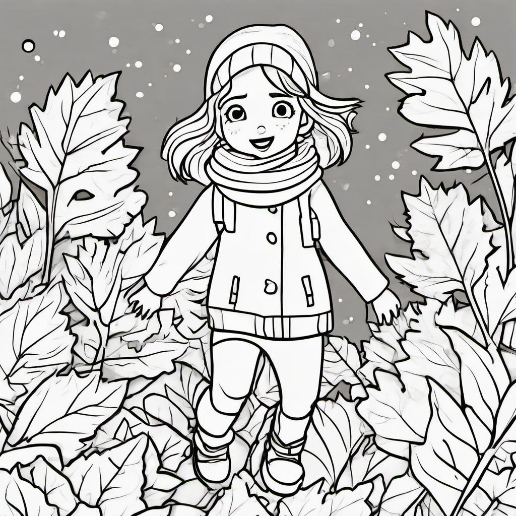 A girl wearing a scarf and boots while jumping into leaf piles Make the girl's face look different  Keep it cute Let the quality be better