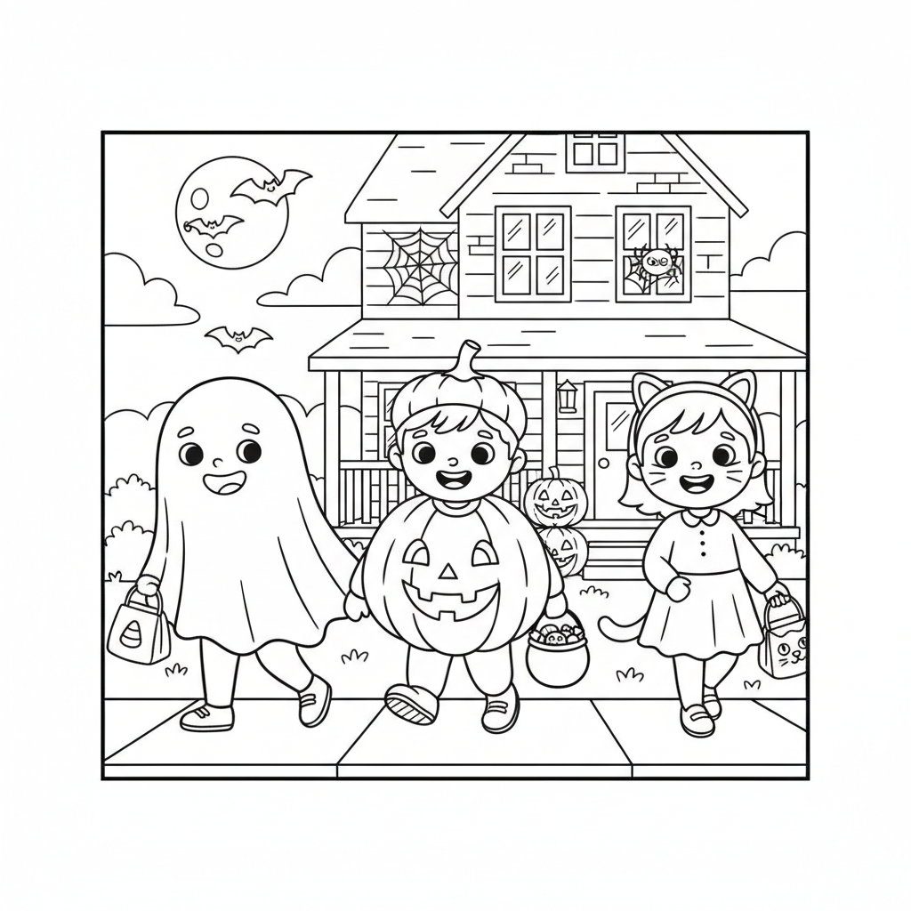 Trick-or-treat kids in costumes