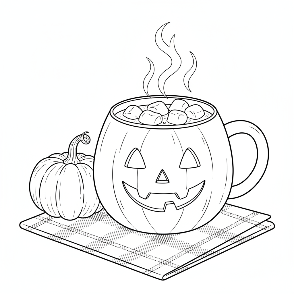 Cozy Halloween mug with a pumpkin and cocoa
